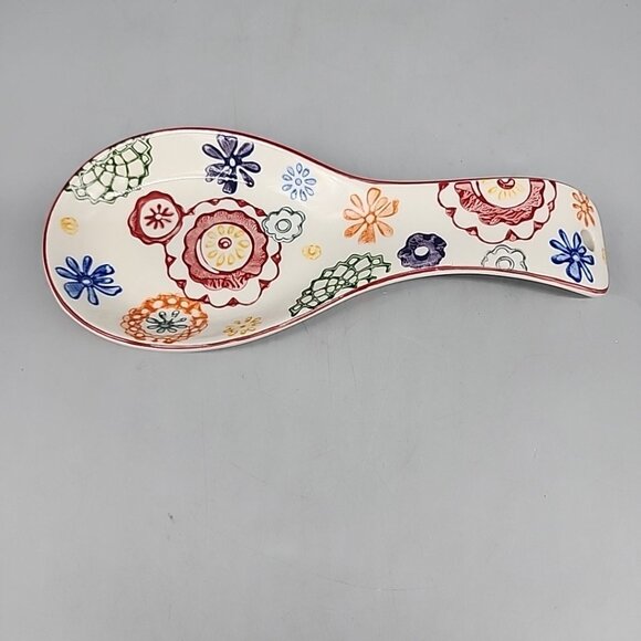 Pier 1 Imports Colorful, Hand Painted  Floral 8” Stoneware Spoon Rest VTG - Picture 1 of 3